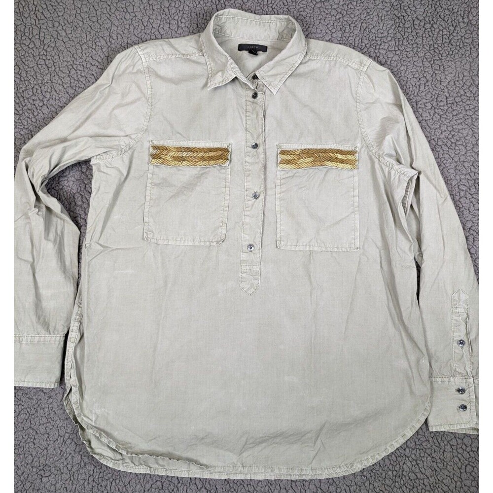J Crew Button Up Women Olive Green Size 10 Gold Beaded Accent Pockets Cotton
